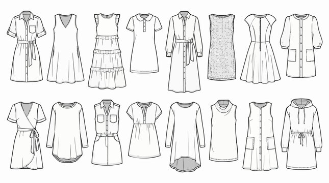 flat vector technical drawing collection of women dress styles