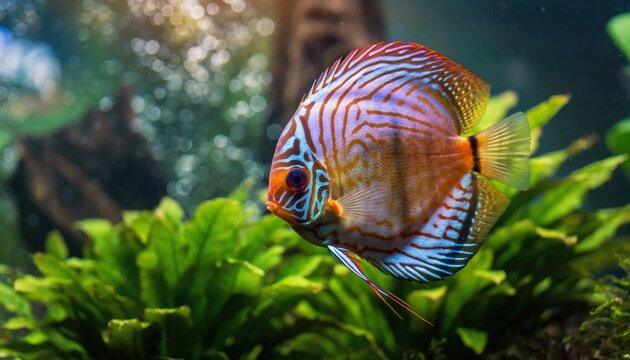 Vibrant Discus Fish Swimming Gracefully in Lush Aquarium Plants.