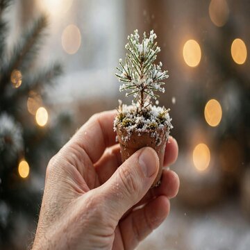 AI-generated photo of a hand holding a tiny potted pine sapling dusted with snow