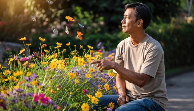 Man Enjoying Butterflies in a Vibrant Flower Garden.