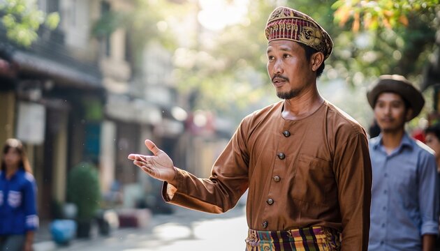 Man in Traditional Clothing Gesturing on a Street.