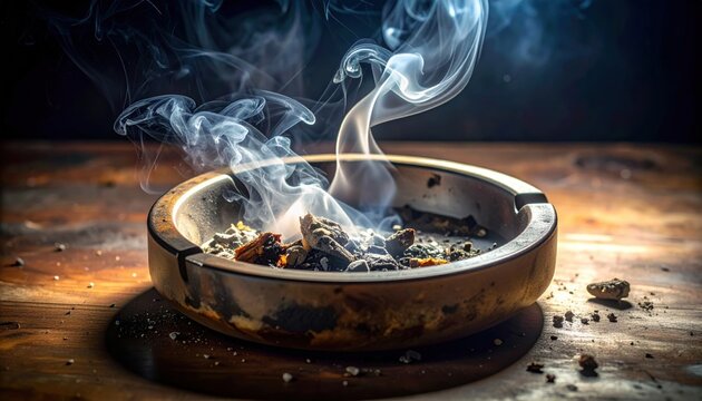 Close-up of a smoking cigarette in an ashtray with smoke rising.