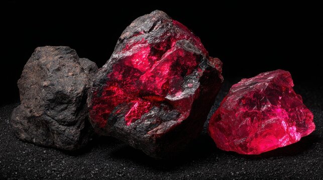 Radiant ruby rough fragments showcasing characteristic inclusions and deep red color under lighting on a dark background
