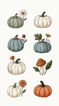 a collection of handdrawn pumpkins and flowers. Each pumpkin is depicted in a simplistic, cartoonish style. The pumpkins vary in size and shape, with some being larger than others.