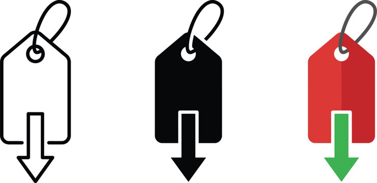 Price tag graphic with downward pointing arrow concept reduction down product