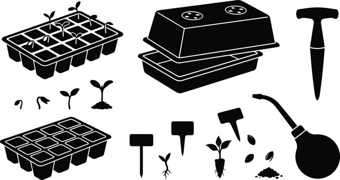 Plant seed propagation vector set featuring black silhouette icons of seedling starter trays, humidity dome lids, dibber tool, watering bulb, labels, and growth stages