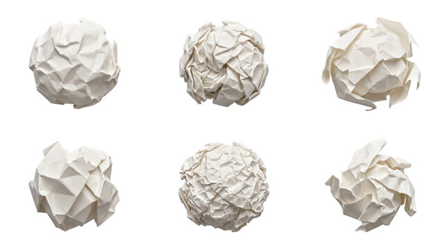Collection of six distinct white crumpled paper balls arranged in a grid pattern on a light gray background, isolated on a, transparent background
