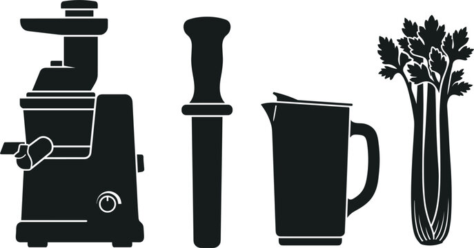 Healthy celery juicing vector set featuring black silhouette icons of an electric slow juicer machine, pusher tool, juice pitcher, and fresh vegetable stalk