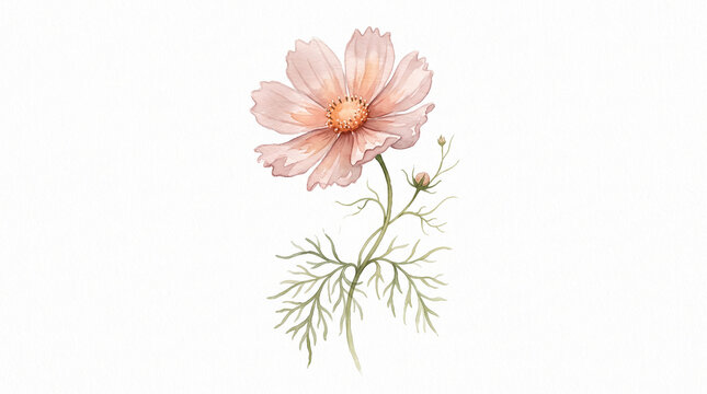 Watercolor painting of single delicate cosmos flower with dusty blush petals, green stems and fine natural leaves. Hand drawn art isolated on white backdrop.