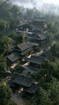 a traditional Chinese village nestled in a dense forest. The village consists of multiple wooden buildings with intricately designed roofs, each with a distinct architectural style.
