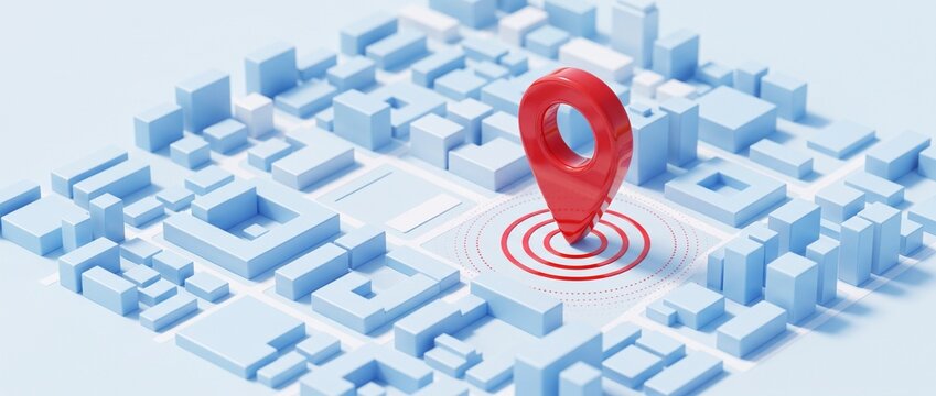 &Eacute;pingle de localisation rouge sur une carte de ville 3D bleue, navigation GPS et g&eacute;olocalisation