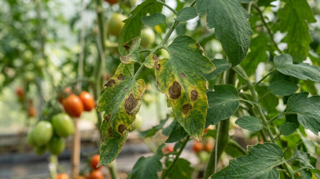 Diseased tomato leaves with brown fungal spots showing signs of blight on green foliage.