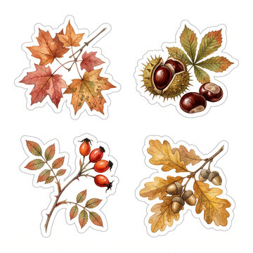 Autumn nature stickers, cluster of maple leaves, chestnuts with spiky husks, rose-hip branch with berries, small branch of golden oak leaves with acorns. Beautiful vintage botanical watercolor