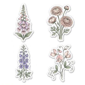 Cottage-garden flower stickers, graceful foxglove stem, cluster of layered ranunculus flowers, slender delphinium stem, trailing sweet pea vine, pink and cream flowers. Antique botanical, watercolor