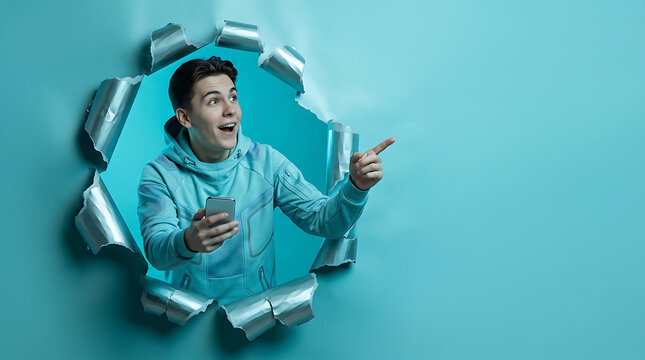 Surprised young man holding smartphone and pointing through torn blue paper
