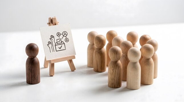 Wooden figures viewing a voting illustration, representing elections, civic participation, and democratic engagement