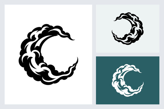 Crescent moon shape formed by stylized clouds