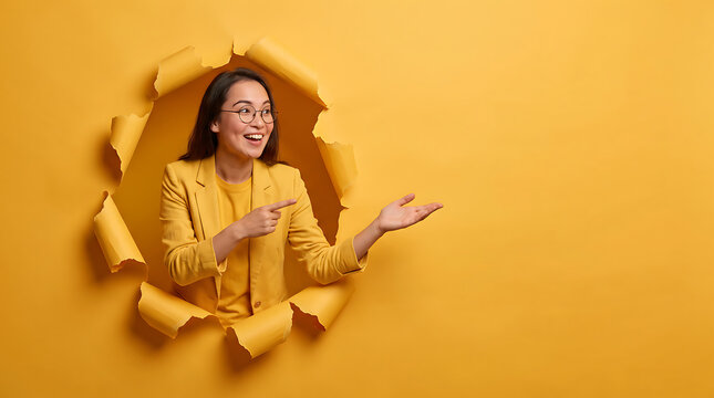 Smiling woman in yellow blazer presenting with open hand through torn yellow paper