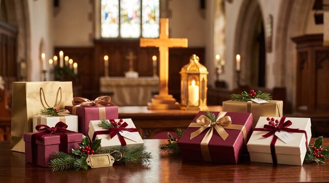 A beautifully decorated Christmas scene inside a church, with many gift boxes and lit candles arranged on a wooden table, illuminated by the soft light of a lantern.
