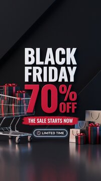 Black Friday 70% off sale announcement with shopping cart and gift boxes