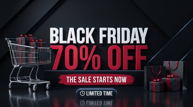 Black Friday 70% Off Sale, Limited Time Offer with Shopping Cart and Gift Boxes