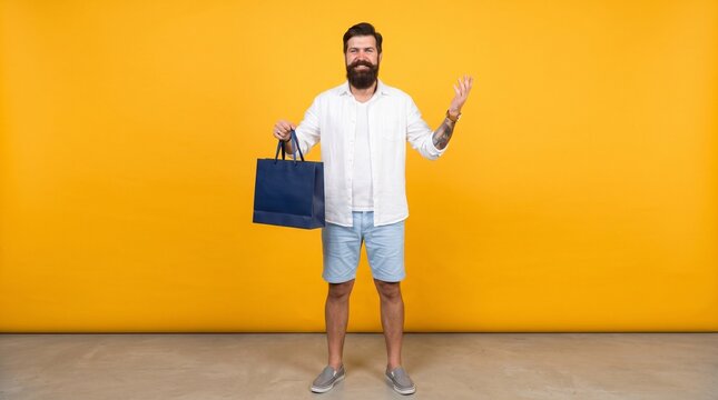 A man with a beard, wearing a white shirt and blue shorts, stands holding a blue shopping bag, smiling and presenting it with his left hand on a yellow background