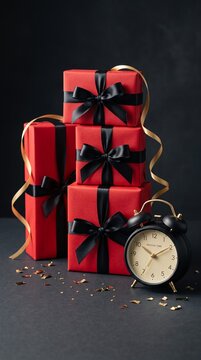 A stack of five red gift boxes tied with black ribbon and a golden ribbon accent, beside a vintage alarm clock on a dark surface. Scattered confetti adds a festive touch.