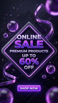 An advertisement for an online sale, featuring premium products with up to 60% off. The ad has a purple and black theme with glossy spheres and ribbon accents