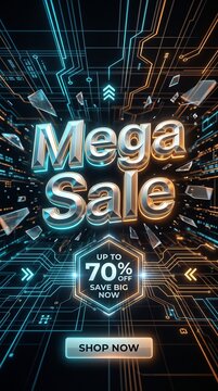Mega Sale with 70% Off discount, promoting shopping now, with abstract digital technology background. Special offer for best savings and deals.
