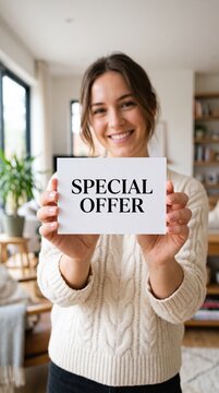 A smiling young woman holds up a card that says Special Offer in a cozy indoor setting