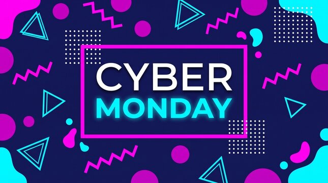 Cyber Monday sale event with vibrant geometric shapes and neon text