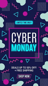 Cyber Monday sale graphic with retro design elements. Features geometric shapes, abstract blobs, and neon text announcing deals and a Shop Now button