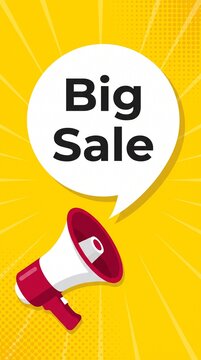 Big Sale announcement with a megaphone and a speech bubble. The background is bright yellow with radiating lines, and a small dotted pattern at the bottom