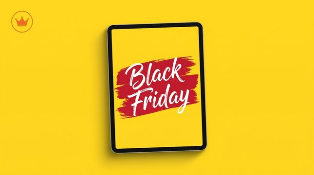 Black Friday sale promotion graphic design on a tablet device with a red brush stroke and white lettering against a vibrant yellow background.