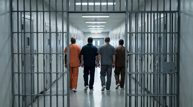 Four prison inmates walking away through open barred security gate along institutional cellblock corridor under fluorescent lighting.