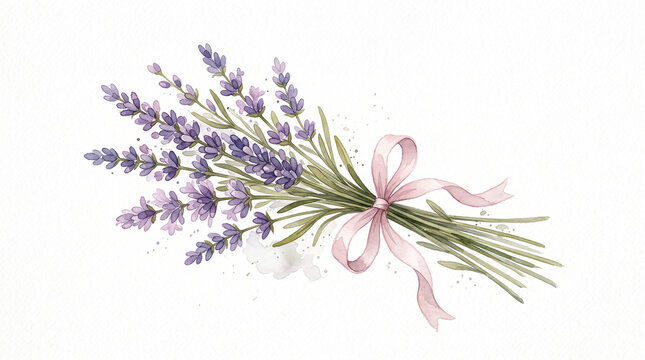 Watercolor painting of small bundle of lavender stems in muted violet and dusty purple, tied with delicate blush-pink ribbon and fine olive-green leaves. Hand drawn art isolated on white backdrop.