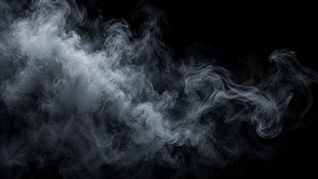 White smoke cloud drifting on dark black background with abstract mystery fog texture. Concept of smoke overlay. Copy space.
