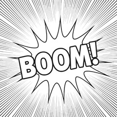 Comic book style speech bubble with the word boom written in bold black letters inside a sharp starburst with radiating lines on white © Selinaaktar