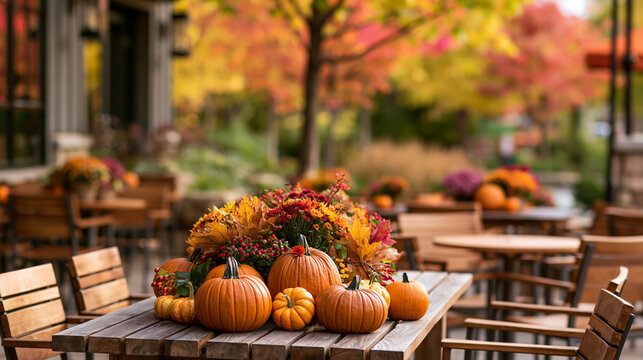 a cozy outdoor cafe or restaurant setting during autumn. A wooden table is the main subject, adorned with a centerpiece of pumpkins and a bouquet of autumn leaves and flowers.