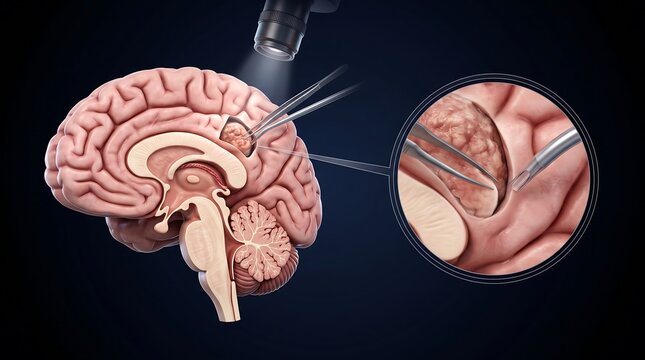 Illustration of brain surgery with surgical instruments manipulating tissue in a magnified view.
