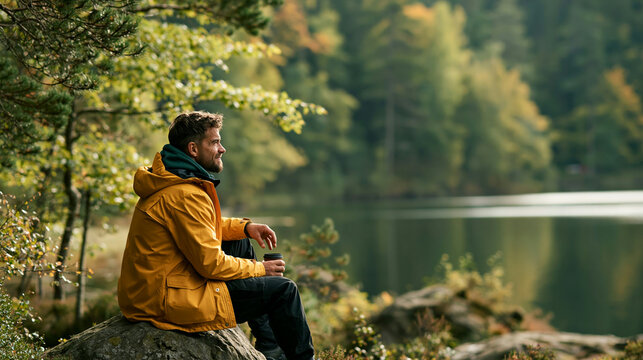 a rock, gazing out over a serene lake. He wears a bright yellow jacket with a green inner lining, black pants, and dark shoes. He holds a black coffee cup in his right hand.