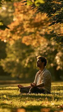 a serene outdoor scene captured during golden hour. A man sits in a meditative pose, his hands clasped together in front of him. He wears a lightcolored shirt and dark pants.