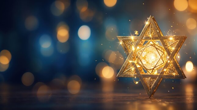Elegant Golden Star of David on a Blue and Gold Bokeh Background for Jewish New Year and Hanukkah Celebrations