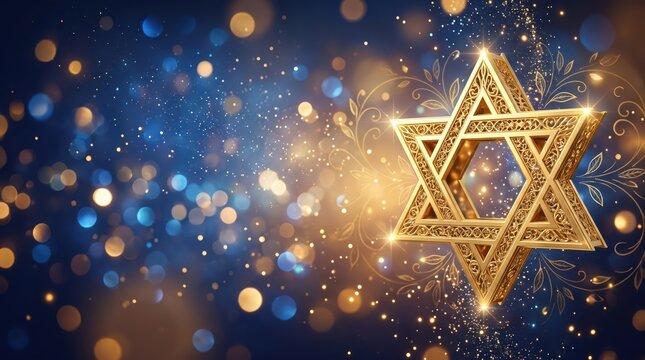 Elegant Golden Star of David on a Blue and Gold Bokeh Background for Jewish New Year and Hanukkah Celebrations