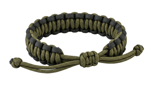 Green and black paracord survival bracelet isolated on transparent background