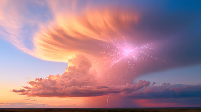 Dramatic lightning storm, sunset cloud, colorful sky, horizontal bolt illuminating thunderhead with glowing pink light