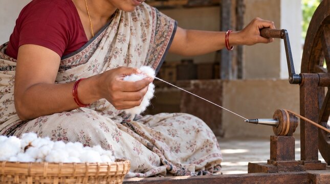 Artesana india gira rueca para hilar algodón artesanal