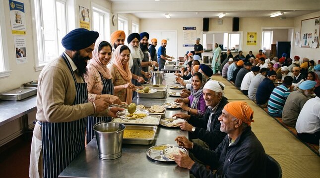 Volunteers serving free meals to people in a Sikh community kitchen langar hall.