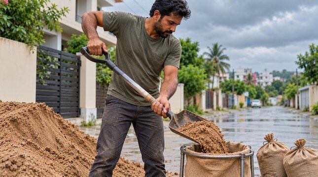 Voluntario indio llenando sacos para prevenir daños pluviales 