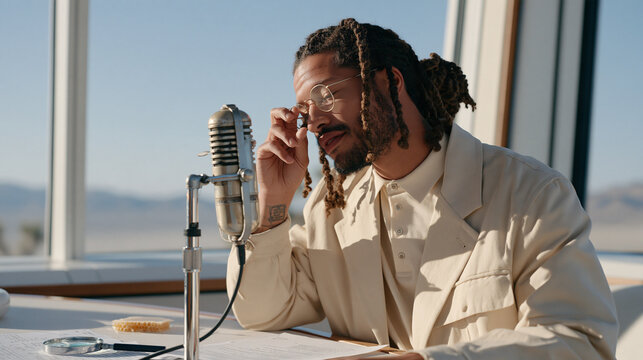 A voice actor in an empty desert recording booth smells a vintage prop microphone to check for equipment issues, a magnifying glass resting on the script table, honeycomb wax